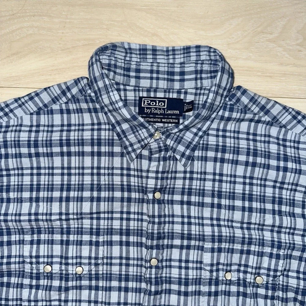 Polo Ralph Lauren Western Pearl Snap Shirt Mens XL Blue Plaid Linen Cotton Blend